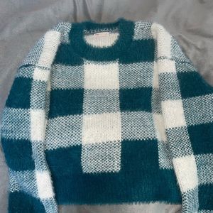 blue and white SO fuzzy sweater